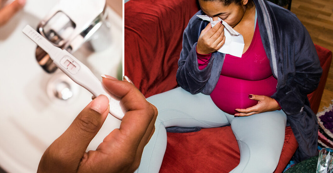 Graviditetstest. Gravid kvinna med förkylningssymptom.