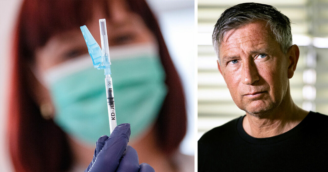En kvinna håller upp en covid-19 spruta och tidigare vaccinsamordnaren Richard Bergström till höger.
