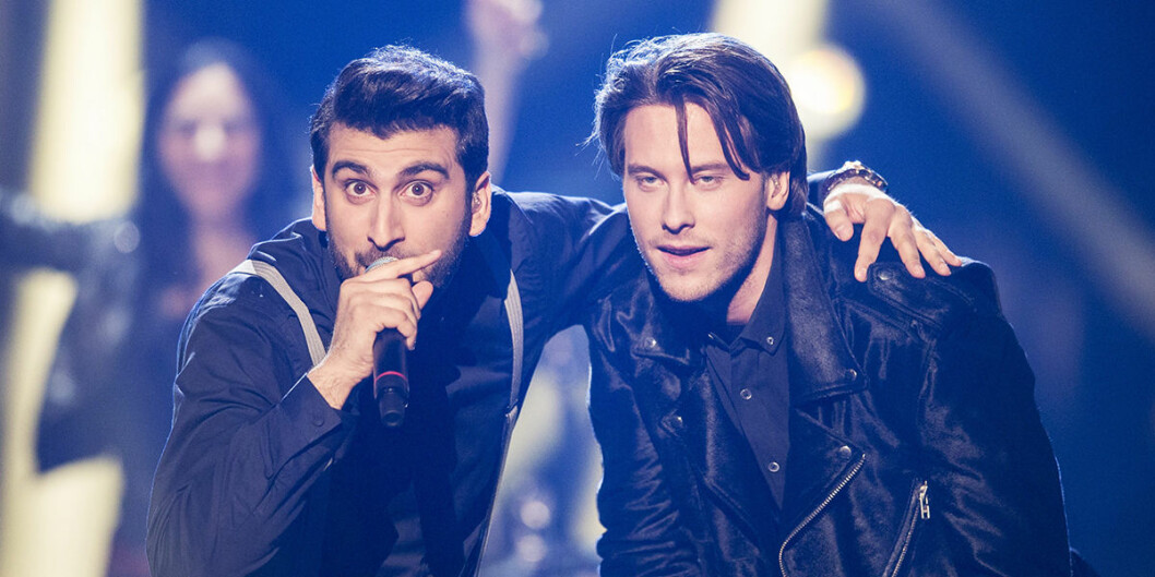 Victor Crone, till höger, med Behrang Miri i Melodifestivalen 2015. Victor Crone deltog i Melodifestivalen 2015 i duo med Behrang Miri
