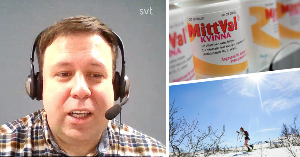 Ola Nordqvist, vitamintabletter och en kvinna som åker skidor i strålande solsken.