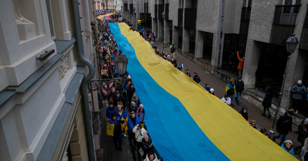 Demonstration mot den ryska invasionen i Ukraina i Litauens huvudstad Vilnius i fredags. Litauen samlade in 150 miljoner åt Ukraina