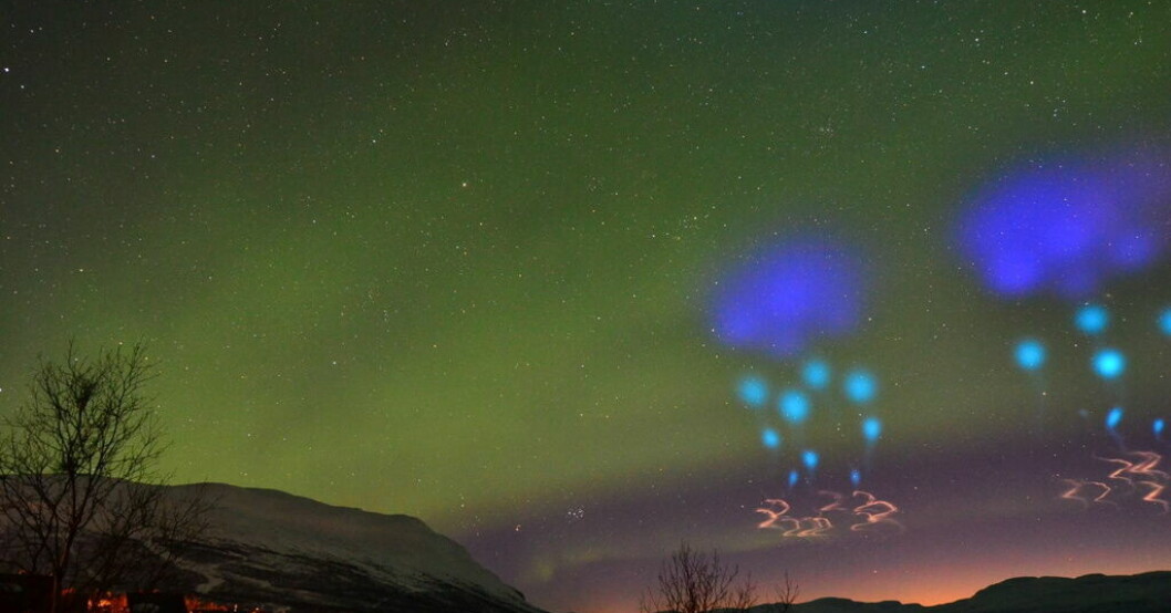 Den här typen av ljusfenomen är att vänta under ett forskningsexperiment i Lappland inom kort. Bilden visar ett liknande Nasa-experiment från rymdbasen Andøya i Norge. Rymdforskare skapar udda ljusfenomen