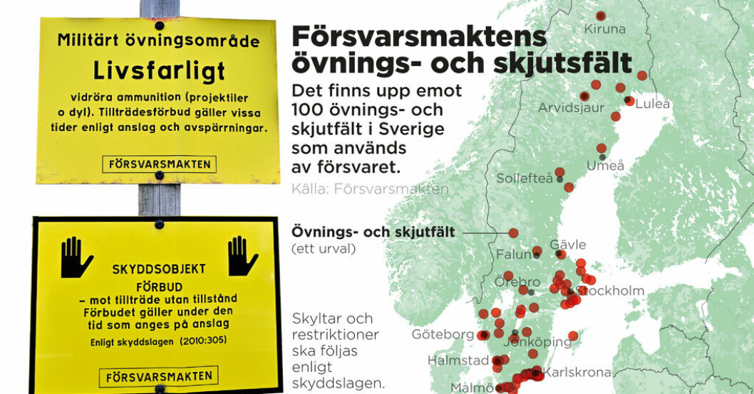 Det finns upp emot 100 övnings- och skjutfält i Sverige som används av försvaret. Försvarsmakten varnar för skott i skogen