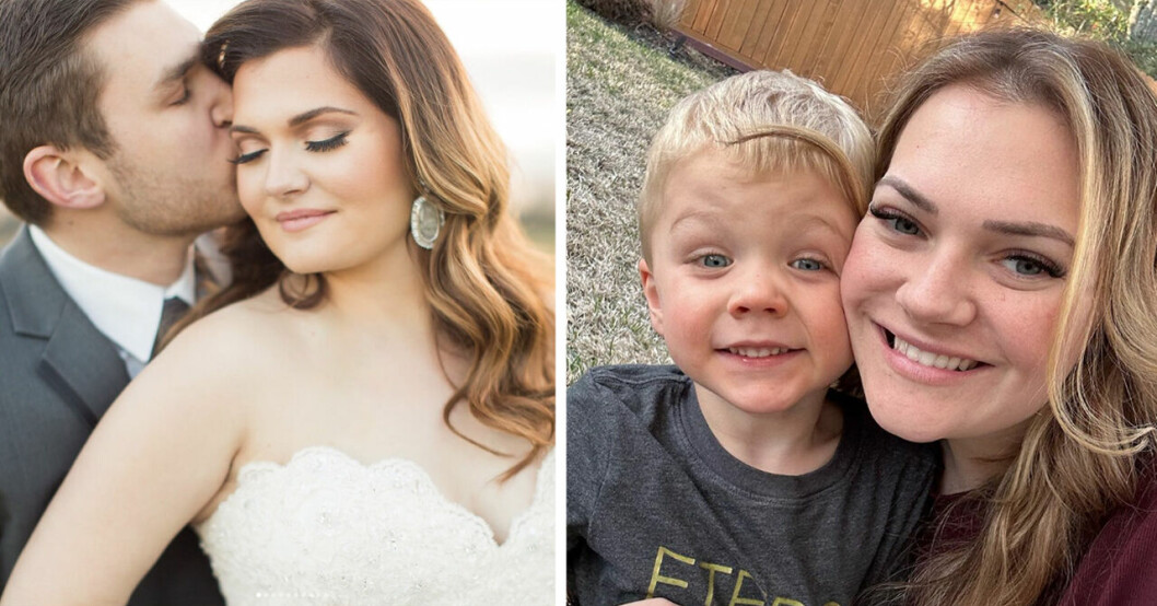 Taylor Odlozil kysser sin fru Haley på huvudet och till höger står Haley bredvid sin son Weston.