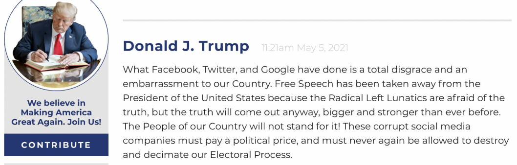 Donald Trump kallar blockeringen "korrupt", på sin nya blogg.