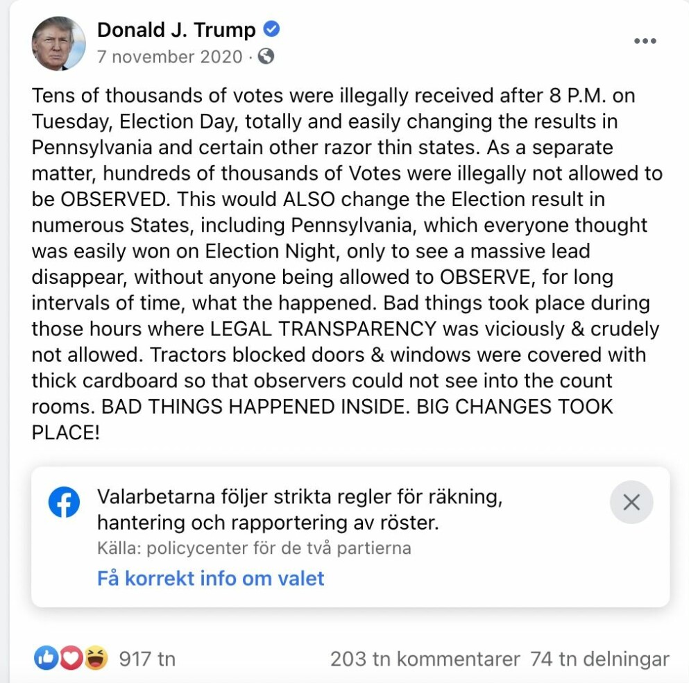 Donald Trump har flera gånger påstått att valet var riggat och att valfusk förekommit, trots att inte några utredningar som gjorts tyder på det.