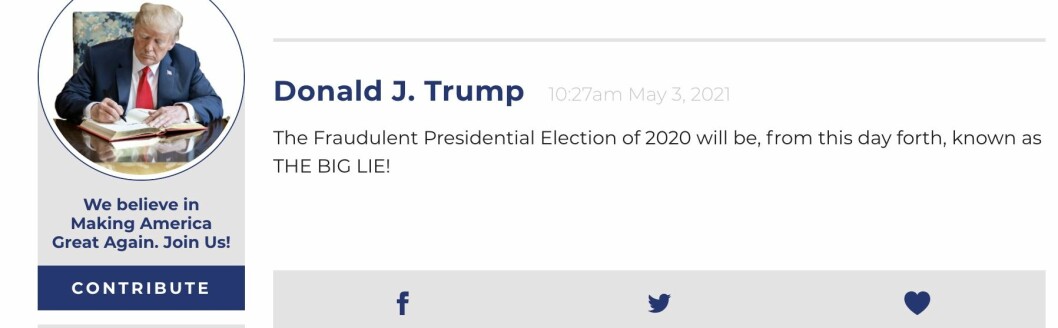 Donald Trumps nya blogg är ett sätt att fortsätta kommunicera med världen, men det går inte att kommentera på sajten, utan bara dela vidare inläggen.