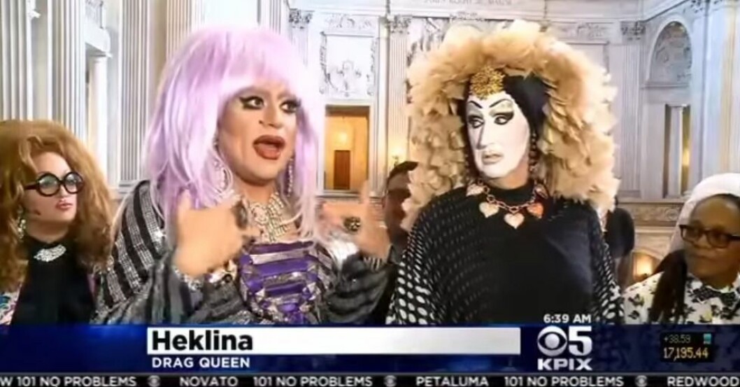 Drag-artisterna mötte Facebooks representanter i San Franciscos stadshus. Foto: Faksimil CBS San Francisco drag queens