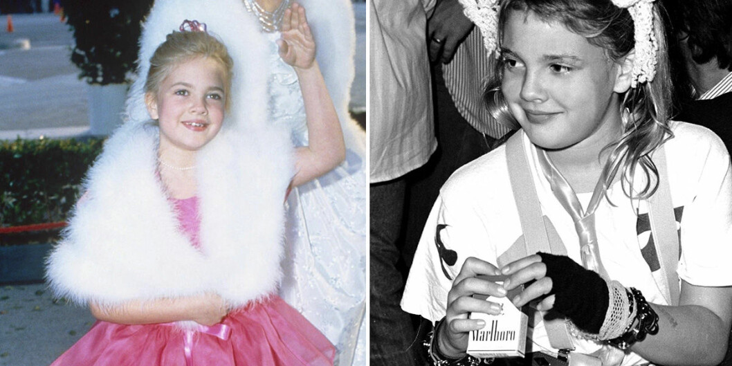 Drew Barrymore, 10 år, med ett cigarettpaket i handen. Drew Barrymore som barn