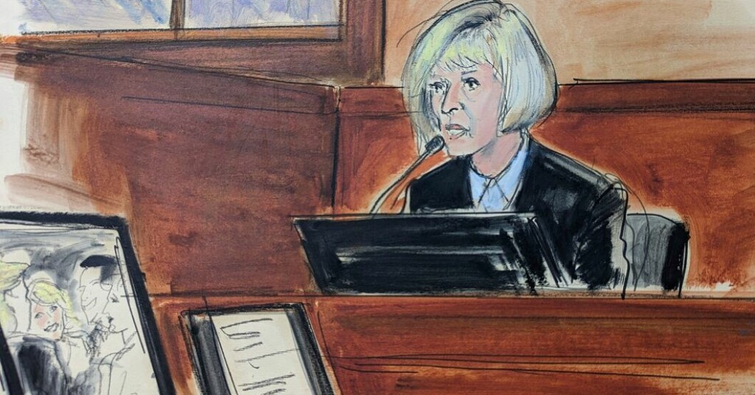 E. Jean Carroll vittnar under rättegången mot Trump. Till vänster i bild står ett foto på henne med ex-presidenten. Rättegång inledd – Trump anklagas för våldtäkt