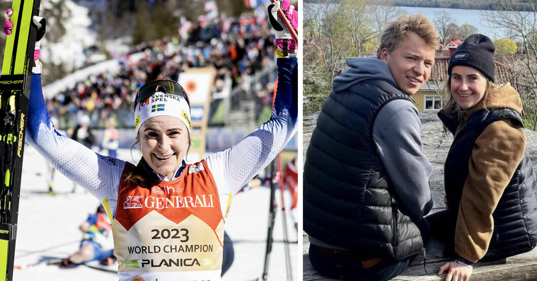 Ebba Andersson håller upp sina stavar och skidor och till höger sitter hon bredvid pojkvännen Gustaf Berglund.