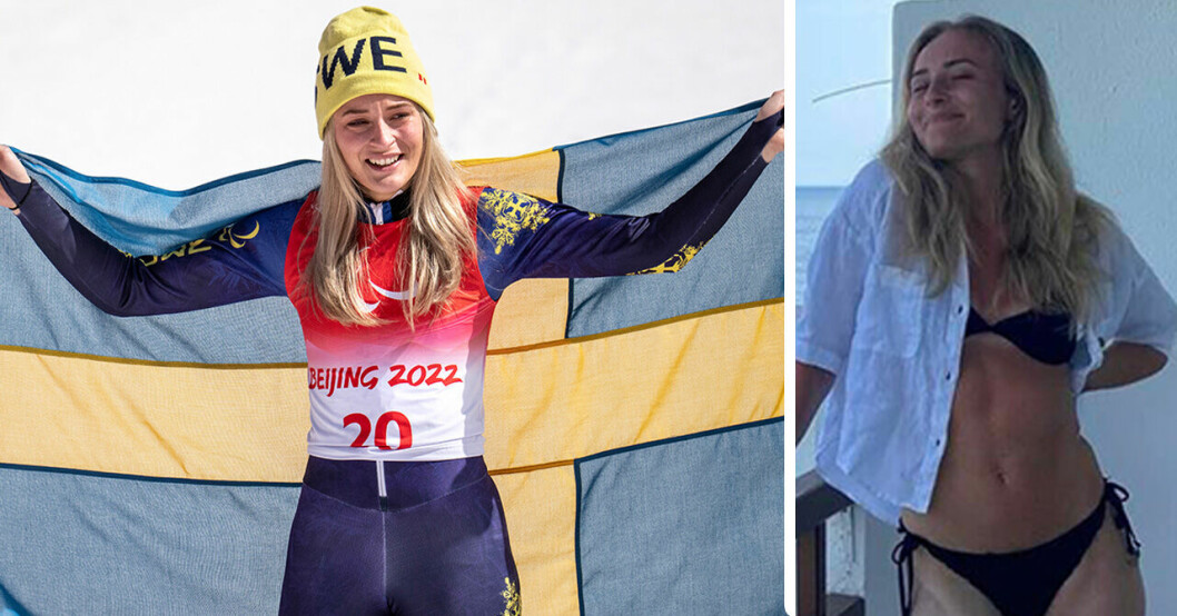 Ebba Årsjö håller upp en svensk flagga bakom sig och till höger poserar hon i bikini.