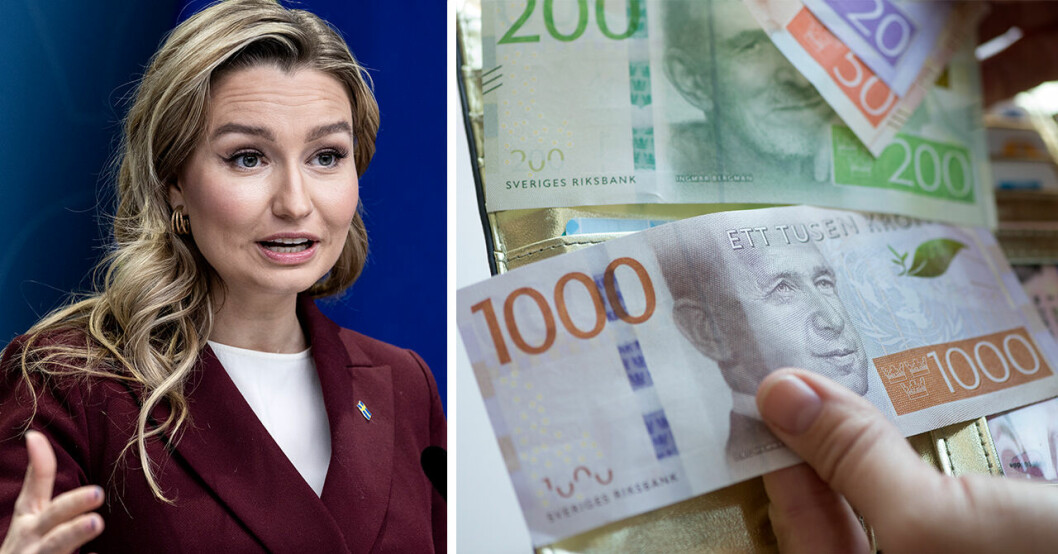 Ebba Busch och en kvinna som håller i sedlar.
