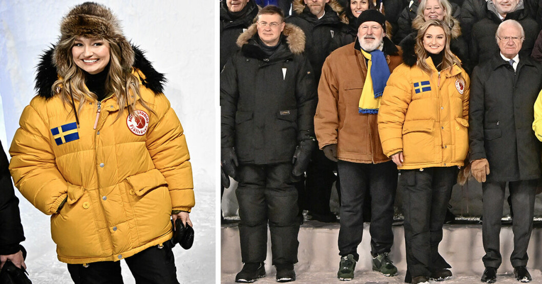 Ebba Busch i sin gula jacka till vänster och till höger bredvid kung Carl XVI Gustaf.
