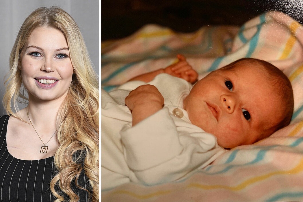 Elin Näslund i Ensam mamma söker och som bebis. Elin Näslund som bebis.