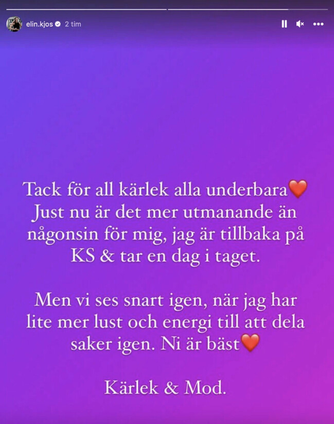 Elin Kjos meddelande till följarna.
