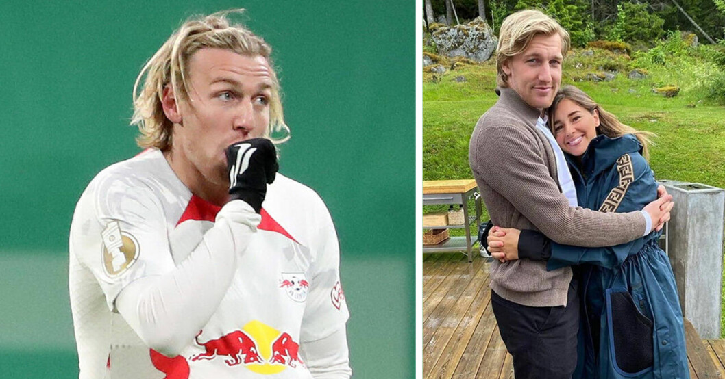 Emil Forsberg när han gör sin målgest och till höger tillsammans med frun Shanga Hussain.