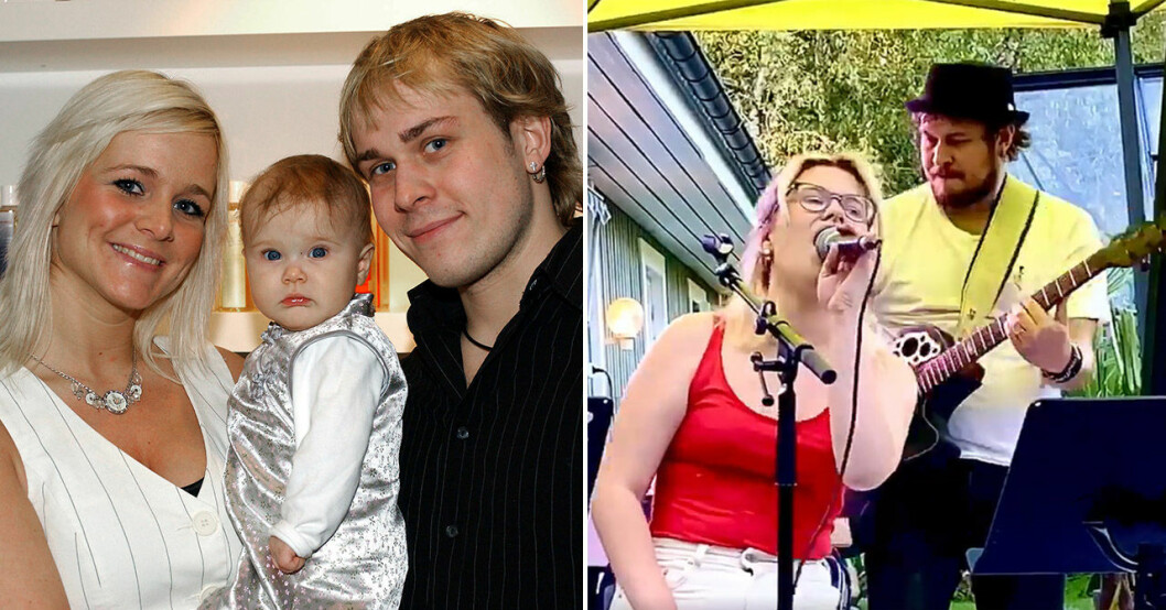 Till vänster: Emil med frun Zara och dottern Ängla 2005. Till höger: Emil på scenen med Ängla som vuxit upp. Emil Sigfridsson Zara Kronwall och dottern Ängla.