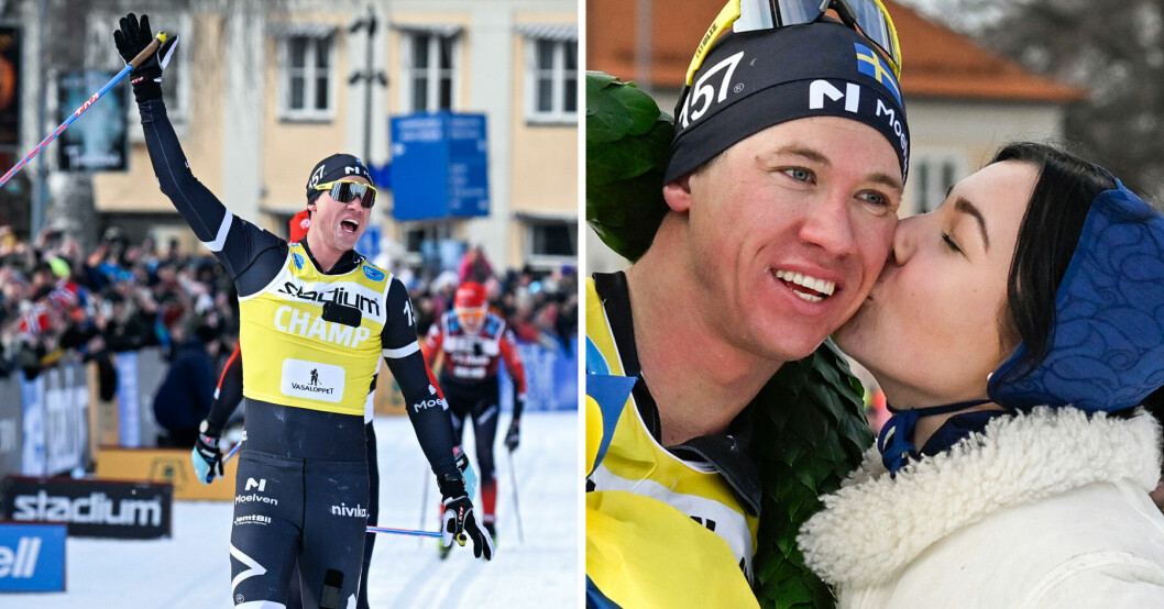 Vasaloppsvinnaren Emil persson fick en kyss av kranskullan Alice Larsson