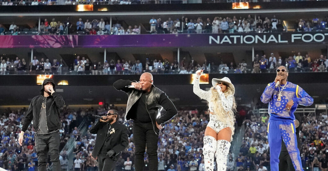 Eminem, Kendrick Lamar, Dr Dre, Mary J Blige och Snoop Dogg uppträdde i halvtidsshowen 2022. Arkivbild. Super Bowl: Fem minnesvärda halvtidsshower