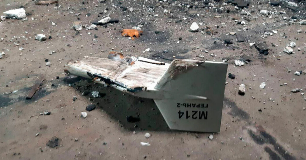 En bild från ukrainska sidan som sägs visa en nedskjuten iransktillverkad drönare. Arkivbild. Rysk drönarattack mot Odessa