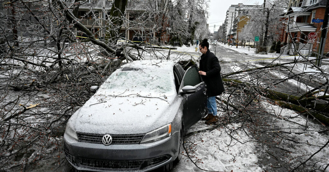 En kvinna försöker ta sig in i sin bil i Ottawa, Ontario, sedan ett träd fallit över vägen. En miljon strömlösa när Kanada fryser till is