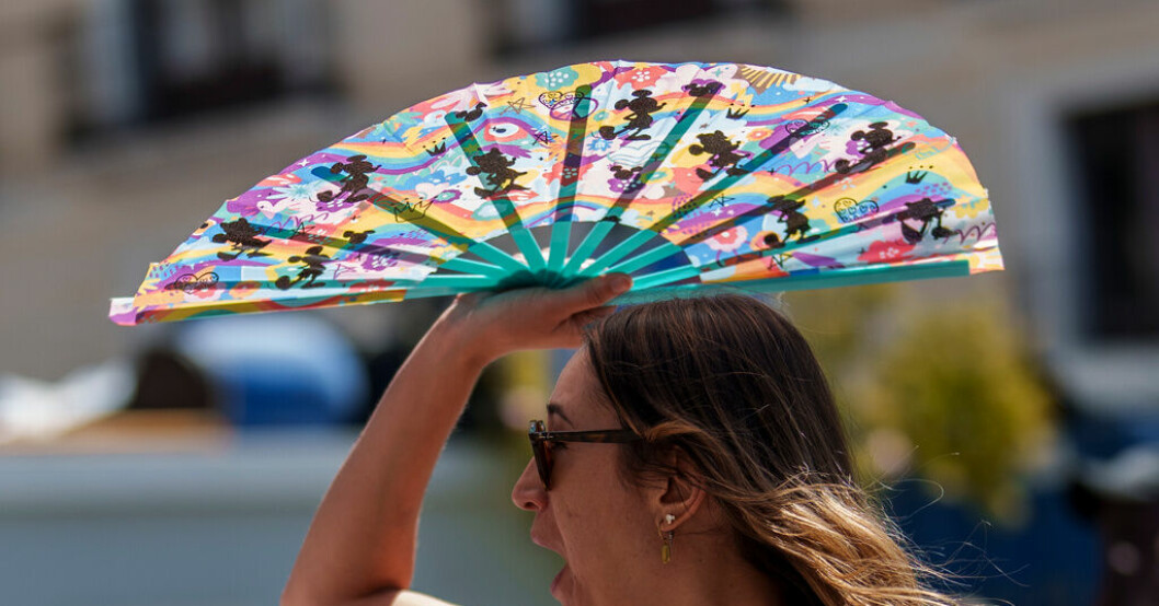 En kvinna i Madrid skyddar sig mot solen. Temperaturen stiger i landet när landets andra värmebölja i sommar drar in. Värmebölja i Spanien