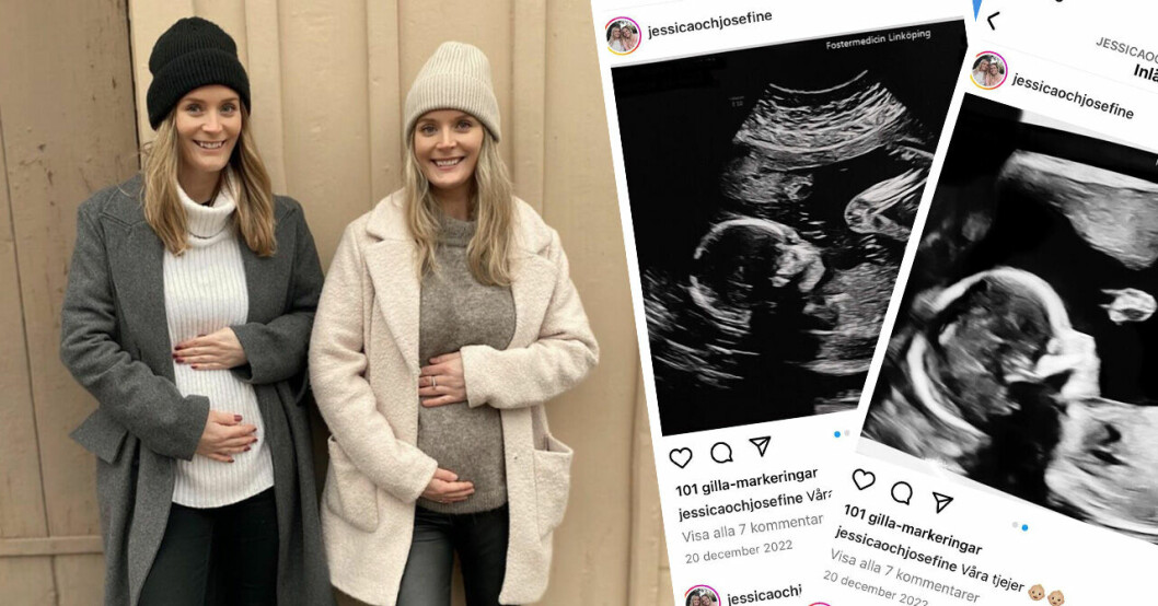 Enäggstvillingarna Jessica och Josefine Vannfält med sina gravidmagar och ultraljud på barnen.