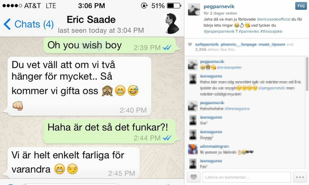 De skickar flirtiga sms till varandra. Foto: <a href="https://instagram.com/pegparnevik/" target="_blank" rel="noopener">Instagram</a> De skickar flirtiga sms till varandra. Foto: Instagram