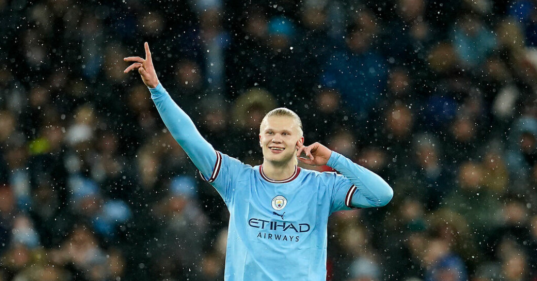 Erling Braut Haaland firar ett av målen mot Leipzig. Haalands målorgie – radar upp nya rekord