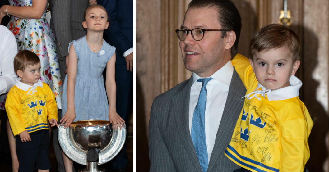 Prinsessan Estelle och prins Oscar firar sveriges guld i hockey-vm 2018.