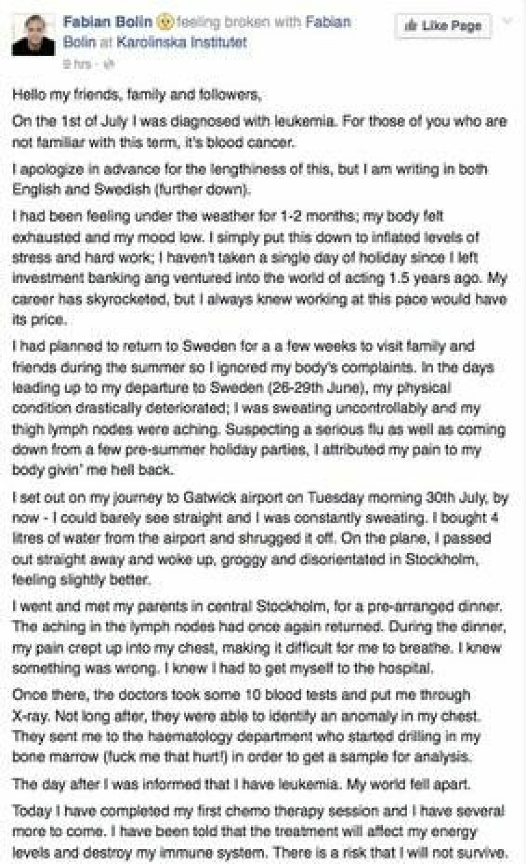 Fabian Bolin berättar om cancerdiagnosen. Foto: Facebook Fabian Bolin berättar om cancerdiagnosen. Foto: Facebook