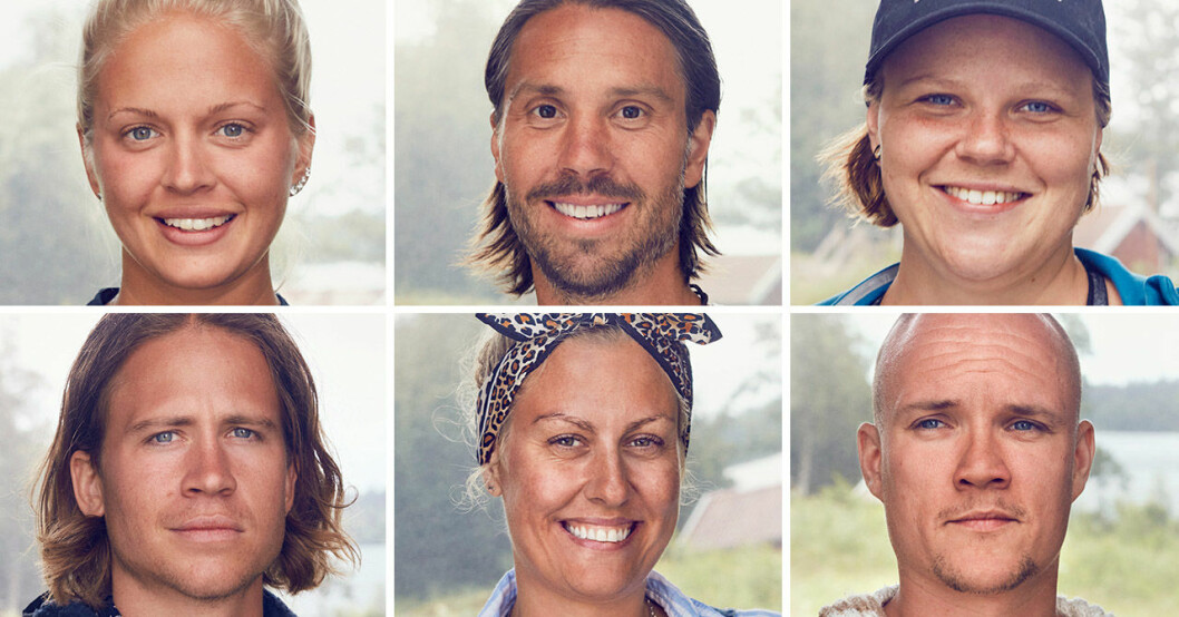 Malin Nyman, Daniel Tholén, Linnea Klaar, Dag Tolstoy, Mary Enqvist och Allan Eriksson i Farmen 2021.
