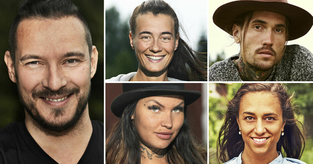 Alexander Vörös, Syliane Duval, Linnea Landström, Robin Stenberg och Camilla Lööke i Farmen.
