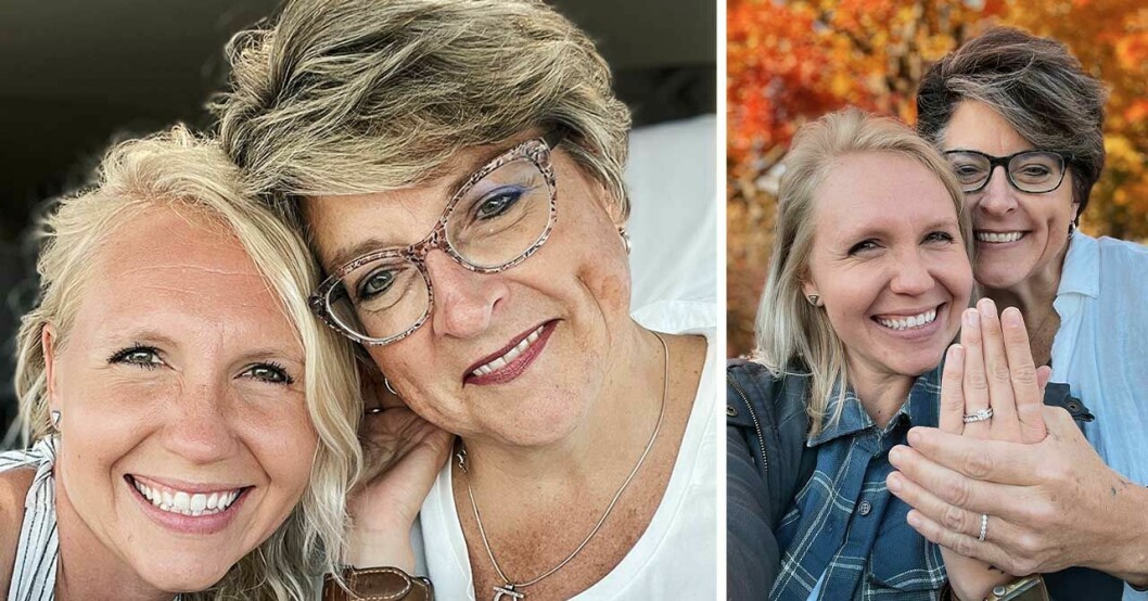 Monica och Michelle och till höger visar de upp sina förlovningsringar.