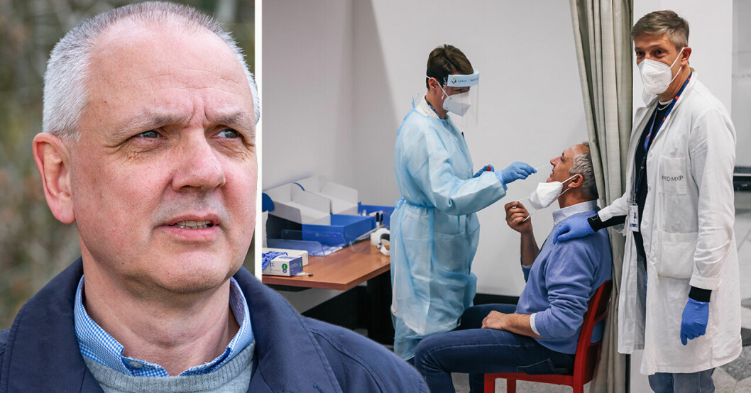 Oreben Aavitsland och en person som testas för covid-19.