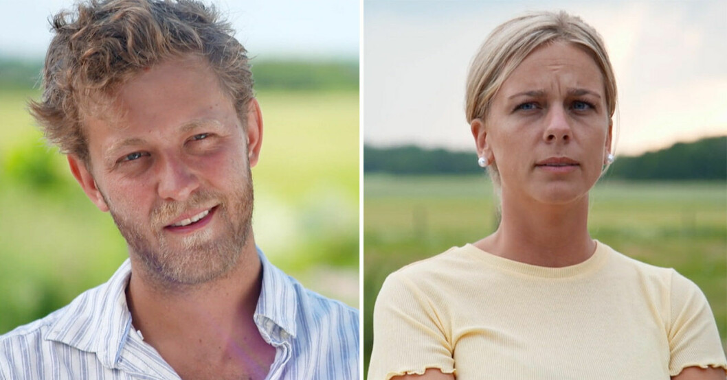 Ellinor var inte speciellt glad när Filip kom tillbaka med Lina. Filip Nilsson och Ellinor Eke-Göransson i Bonde söker fru 2021.