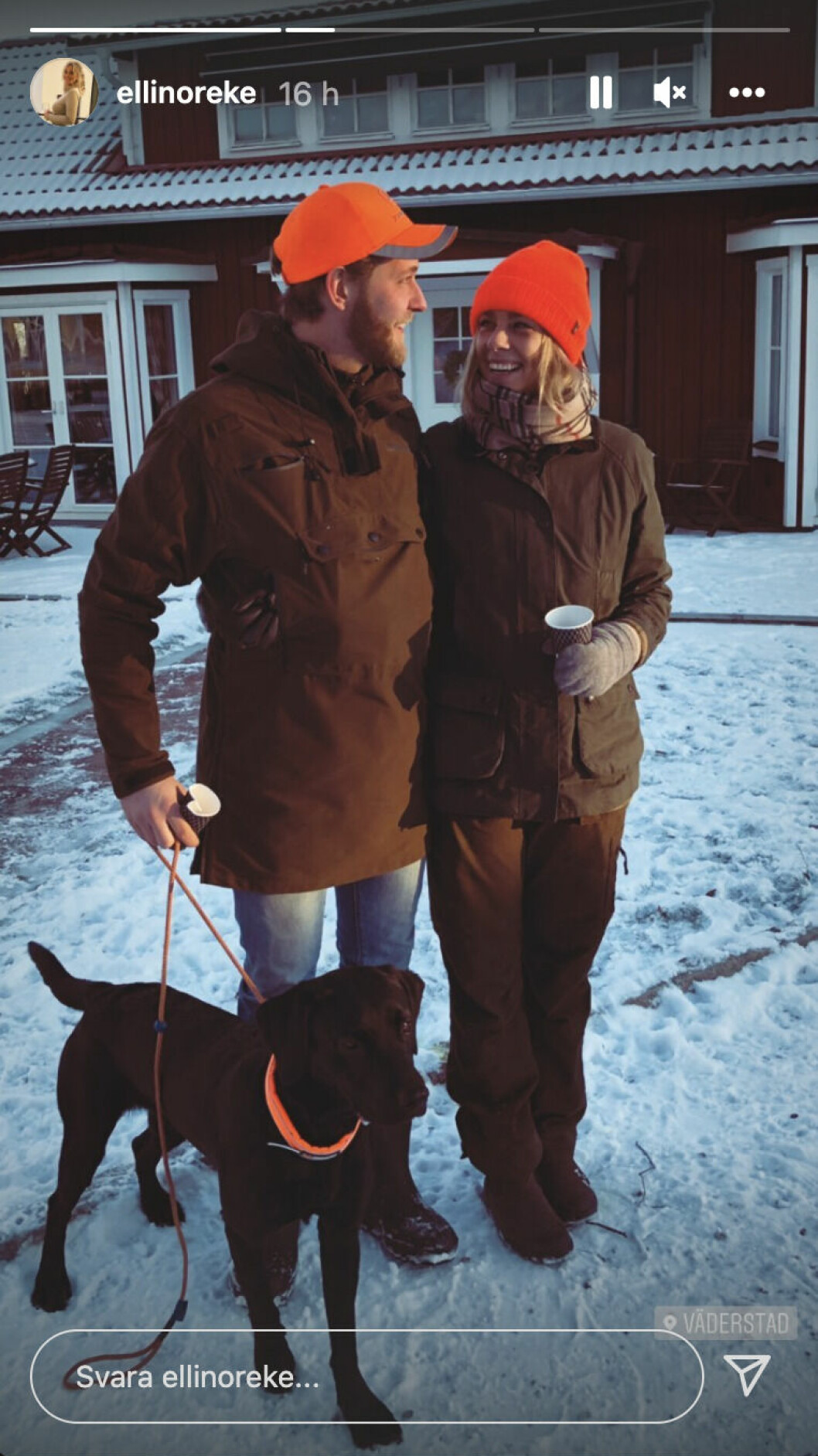 Filip och Ellinor storleendes i vinterlandskapet. Kanske ute på promenad med hunden Pluto? Filip och Ellinor storleendes i vinterlandskap. Kanske ute på promenad med hunden Pluto?