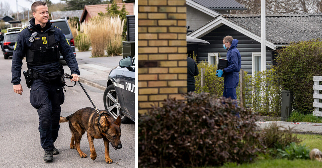 En polis med en sökhund och en kriminaltekniker utanför huset där flickan hittades.