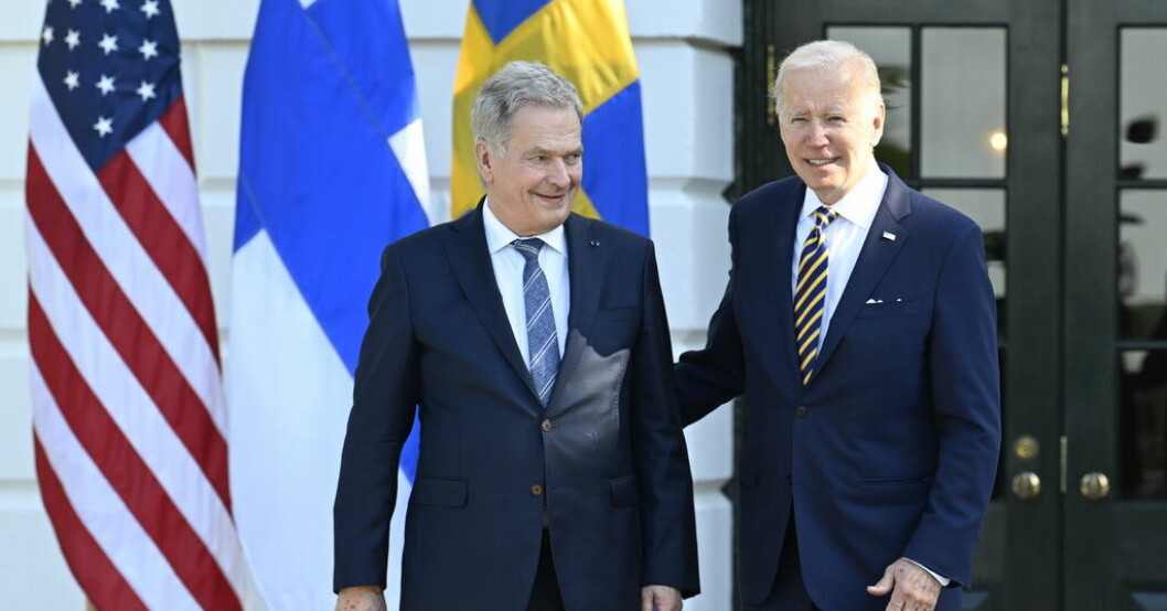 Finlands president Sauli Niinistö och USA:s president Joe Biden utanför Vita huset i maj i fjol. Biden träffade Niinistö – upprepade Natostöd