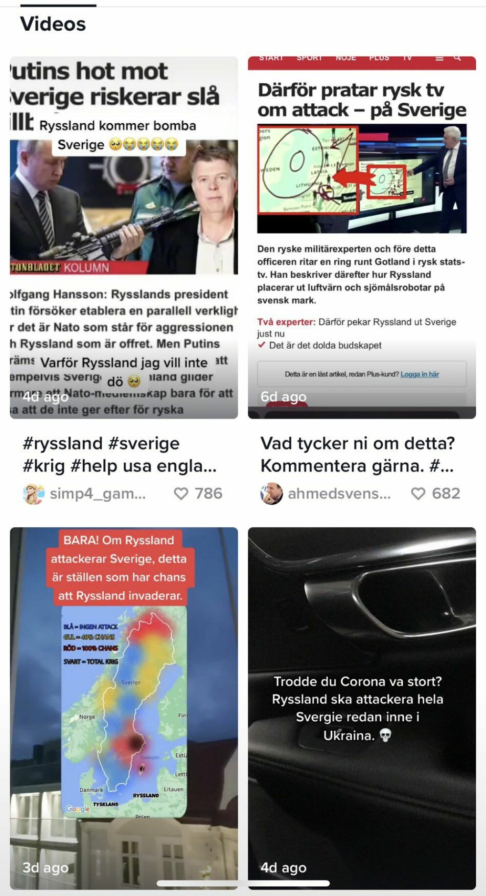 En skärmdump från videoplattformen TikTok där en rysk invasion nämns. Flera ungdomar är rädda – och tror att kriget ligget vid dörren. En bild som bekräftas av Bris, enligt Dagens Nyheter.