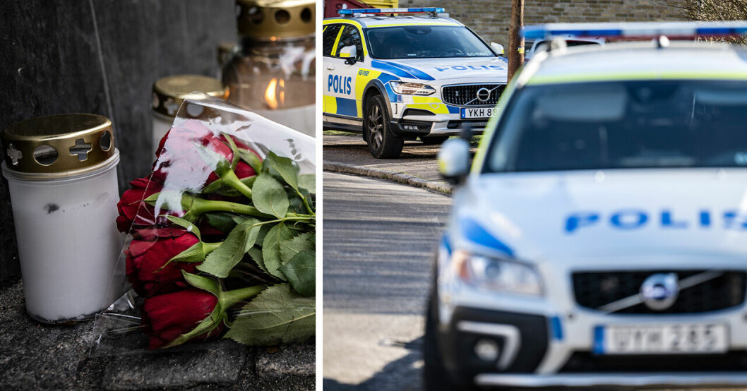 Ljus och blommor samt polisbilar till höger.