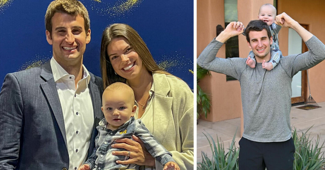 Austin Hatch med frun Abby och sonen Hudson. Till höger har han Hudson på axlarna.