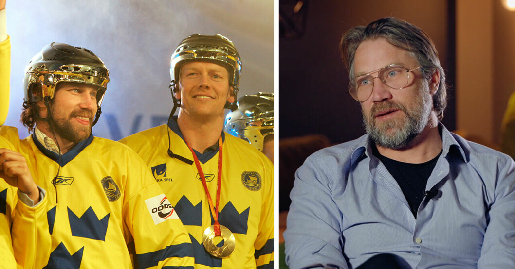 Peter Forsberg och Mats Sundin i Sverigetröjor och guldhjälmar efter OS-guldet och till vänster syns Peter Forsberg från SVT:s dokumentär.