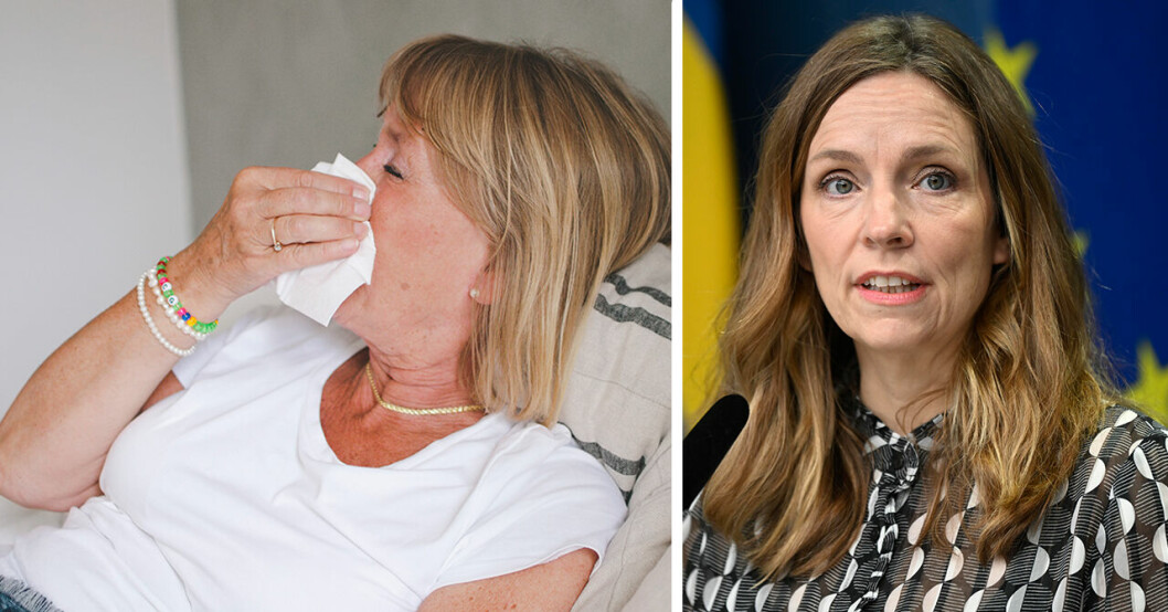 En kvinna snyter sig i sängen och till höger syns Sara Byfors på Folkhälsomyndigheten.