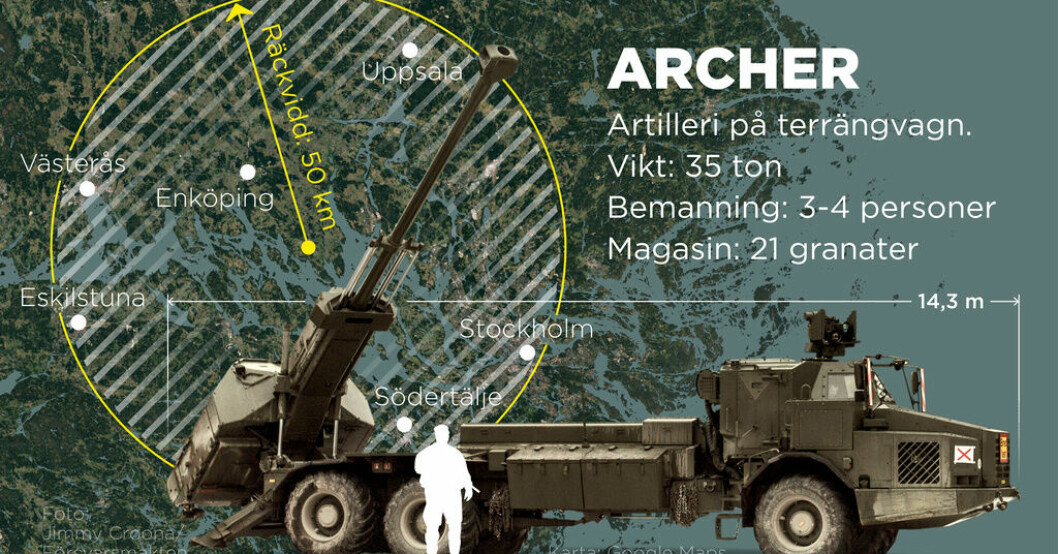 Försvarets artilleripjäs Archer är monterad på en terrängvagn, väger 35 ton och bemannas av tre till fyra personer. Nu klart: Ukraina får åtta Archer