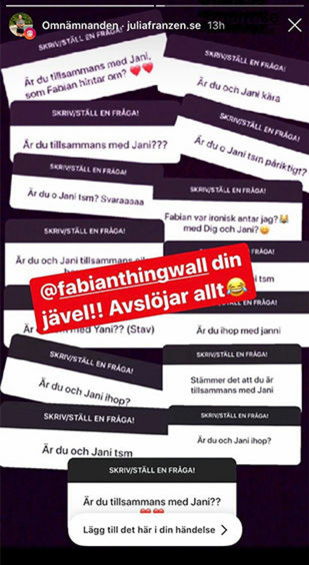 Frågor från instagram om Jani och deltagaren Fabian är tillsammans.
