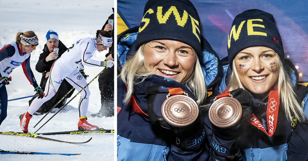 Charlotte Kalla åker skidor under Kopparskidan 2019 i Falun. Till höger syns Maja Dahlqvist och Frida Karlsson hålla upp sina bronsmedaljer under vinter-OS i Peking 2022.