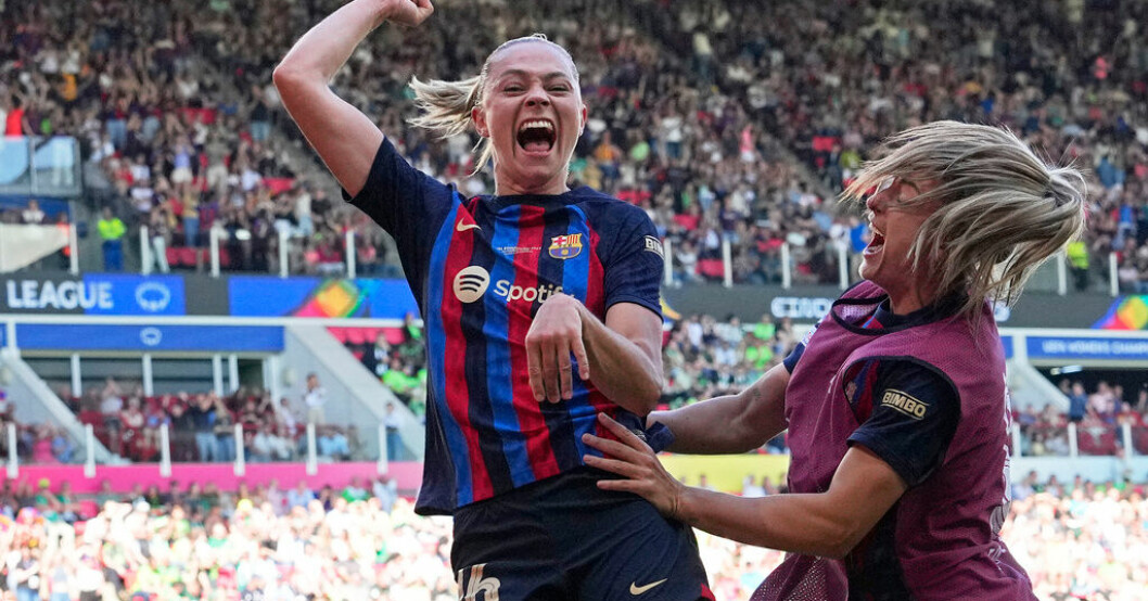 Fridolina Rolfö skriker ut sin glädje efter 3–2-målet för Barcelona i finalen i Champions League. Rolfö matchvinnare – galen vändning av Barcelona