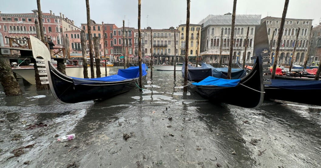 Gondoler strandade under lågvatten i Venedig den 18 februari. Venedigs kanaler torkar – regnbrist slår hårt